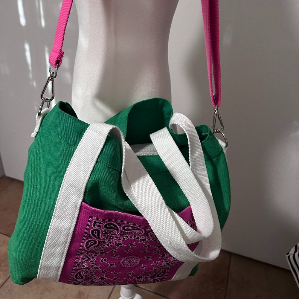 NEW Tote Bag Green, Pink, White Paisley detail on front pocket.